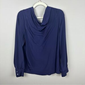 J. Peterman 100% Silk Navy Draped Front Tie-Back Blouse Size 12